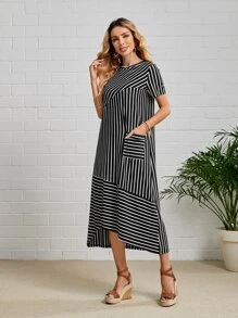 EMERY ROSE Vestido con estampado de rayas con parche de bolsillo