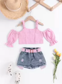 SHEIN Young Girl Gingham Cold Shoulder Top & Ripped Belted Denim Shorts - Multicolor - View 1
