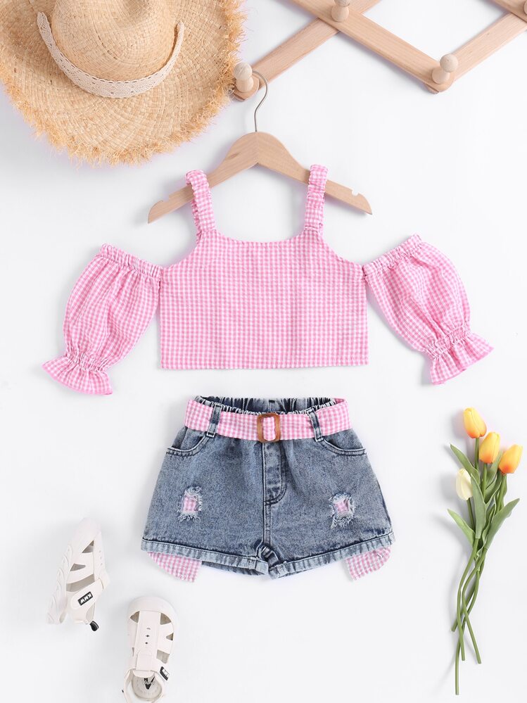 SHEIN Young Girl Gingham Cold Shoulder Top & Ripped Belted Denim Shorts - Multicolor - View 1