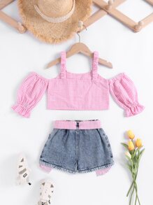 SHEIN Young Girl Gingham Cold Shoulder Top & Ripped Belted Denim Shorts - Multicolor - View 2