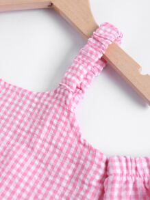 SHEIN Young Girl Gingham Cold Shoulder Top & Ripped Belted Denim Shorts - Multicolor - View 4