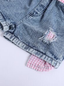 SHEIN Young Girl Gingham Cold Shoulder Top & Ripped Belted Denim Shorts - Multicolor - View 6
