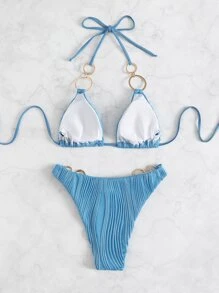 O形環細節三角紋面頸帶比基尼 - 藍色 - 查看 7