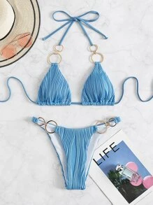 O形環細節三角紋面頸帶比基尼 - 藍色 - 查看 5