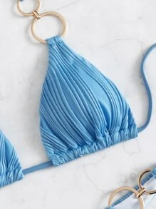 O形環細節三角紋面頸帶比基尼 - 藍色 - 查看 4