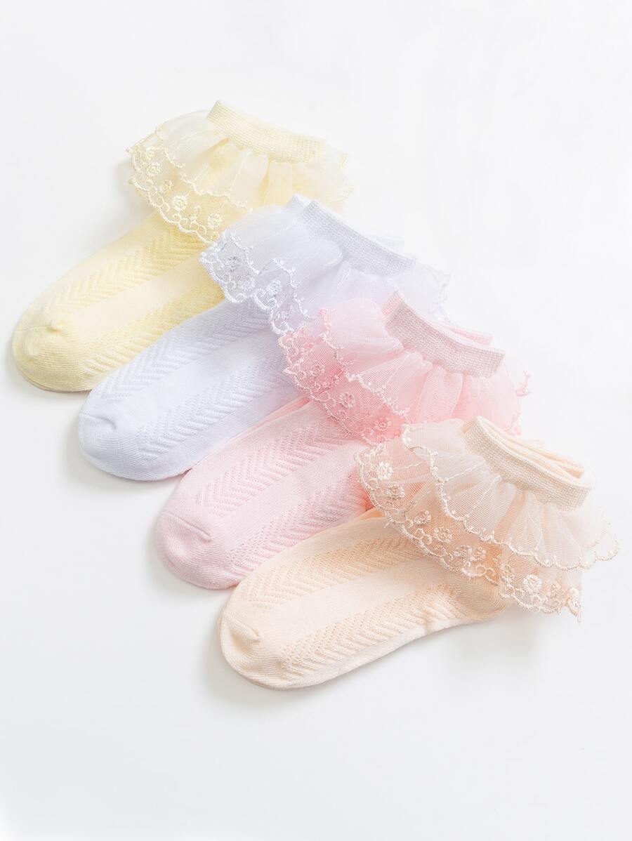 4雙小女童蕾絲邊中筒襪 - 彩色 - 查看 1