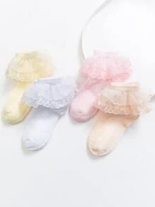 4雙小女童蕾絲邊中筒襪 - 彩色 - 查看 2