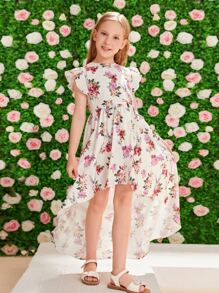 SHEIN Niñas Vestido floral ribete con fruncido bajo irregular - Multicolor - Ver 1