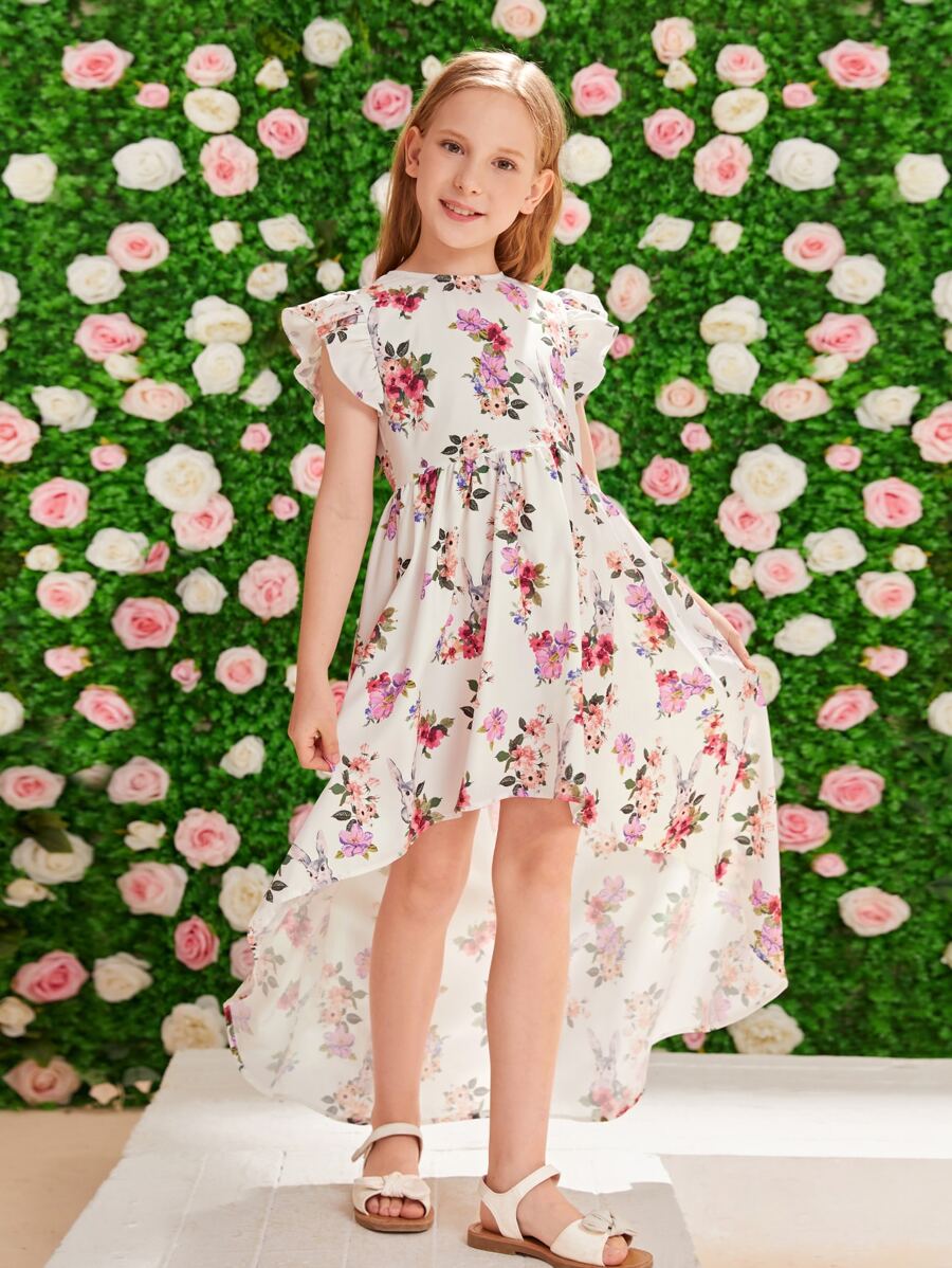 SHEIN Niñas Vestido floral ribete con fruncido bajo irregular - Multicolor - Ver 1