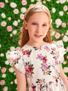 SHEIN Niñas Vestido floral ribete con fruncido bajo irregular - Multicolor - Ver 4