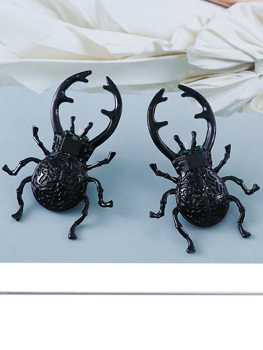 Pendientes de botón escarabajo en forma de - Negro - Ver 1