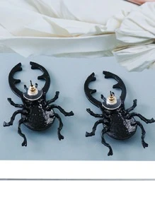 Pendientes de botón escarabajo en forma de - Negro - Ver 2