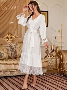 Bata homewear con encaje de pestaña en contraste de manga con volante bajo con fruncido con cinturón - Blanco - Ver 3