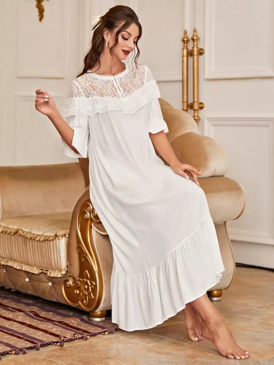 Váy ngủ & áo ngủ Nữ Nút Tương phản ren Xù Viên lá sen màu trơn Hoàng gia - trắng - Xem 1