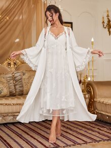 Conjunto de pijama con detalles de encaje bordado de mariposa, elegante y acogedor, ropa de otoño