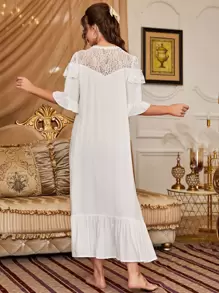 Váy ngủ & áo ngủ Nữ Nút Tương phản ren Xù Viên lá sen màu trơn Hoàng gia - trắng - Xem 2