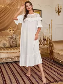 Váy ngủ & áo ngủ Nữ Nút Tương phản ren Xù Viên lá sen màu trơn Hoàng gia - trắng - Xem 3