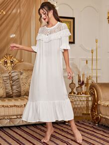 Váy ngủ & áo ngủ Nữ Nút Tương phản ren Xù Viên lá sen màu trơn Hoàng gia - trắng - Xem 4