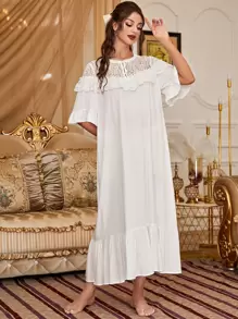 Váy ngủ & áo ngủ Nữ Nút Tương phản ren Xù Viên lá sen màu trơn Hoàng gia - trắng - Xem 5