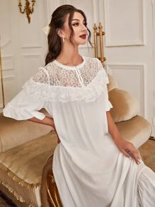 Váy ngủ & áo ngủ Nữ Nút Tương phản ren Xù Viên lá sen màu trơn Hoàng gia - trắng - Xem 6