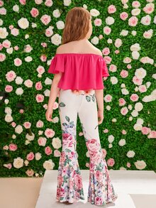 SHEIN 女孩一字肩荷葉邊上衣和印花喇叭褲套裝 - 彩色 - 查看 2