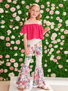 SHEIN 女孩一字肩荷葉邊上衣和印花喇叭褲套裝 - 彩色 - 查看 3