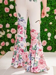 SHEIN 女孩一字肩荷葉邊上衣和印花喇叭褲套裝 - 彩色 - 查看 4
