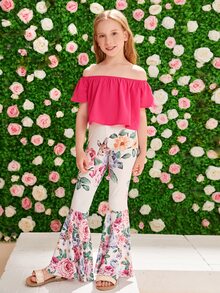 SHEIN 女孩一字肩荷葉邊上衣和印花喇叭褲套裝 - 彩色 - 查看 5