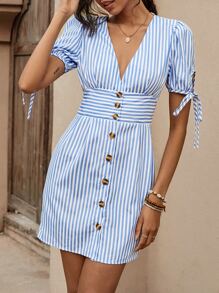 Striped Tie Cuff Puff Sleeve Button Through Dress - Blue and White - View 1