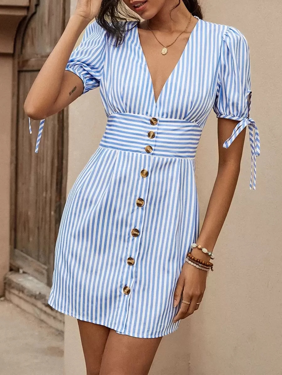 Striped Tie Cuff Puff Sleeve Button Through Dress - Blue and White - View 1