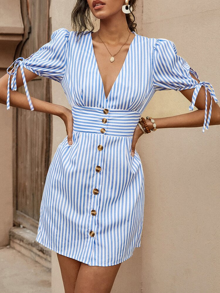 Vestido de rayas de puño con cordón de manga farol con botón - Azul y blanco - Añade 5