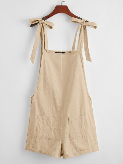 Knot Strap Pocket Patched Pinafore Romper