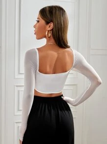SHEIN PETITE Square Neck Sheer Mesh Sleeve Asymmetrical Hem Top - White - View 3