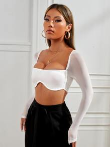 SHEIN PETITE Square Neck Sheer Mesh Sleeve Asymmetrical Hem Top - White - View 4
