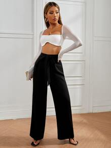 SHEIN PETITE Square Neck Sheer Mesh Sleeve Asymmetrical Hem Top - White - View 5