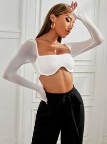 SHEIN PETITE Square Neck Sheer Mesh Sleeve Asymmetrical Hem Top - White - View 1