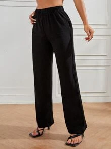 SHEIN PETITE 彈性腰帶闊腿褲 - 黑色 - 查看 5