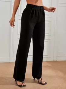 SHEIN PETITE 彈性腰帶闊腿褲 - 黑色 - 查看 6
