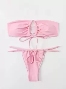 Conjunto de bikini tubo con cordón y nudo delantero, para vacaciones de verano en la playa - Rosa Pálido - Ver 3