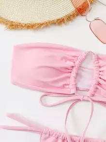 Conjunto de bikini tubo con cordón y nudo delantero, para vacaciones de verano en la playa - Rosa Pálido - Ver 5