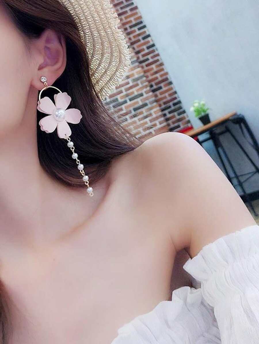 花朵和人造珍珠耳墜 - 粉色 - 查看 1