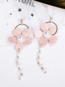 花朵和人造珍珠耳墜 - 粉色 - 查看 2