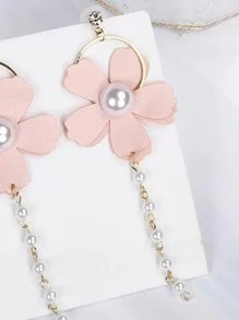 花朵和人造珍珠耳墜 - 粉色 - 查看 3