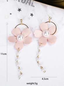 花朵和人造珍珠耳墜 - 粉色 - 查看 4
