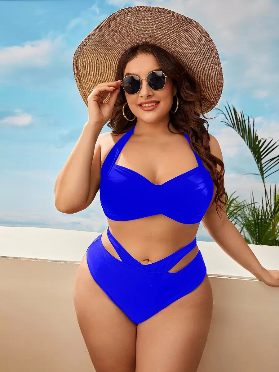 大尺寸純色鏤空比基尼套裝夏日海灘 - 寶藍色 - 查看 1