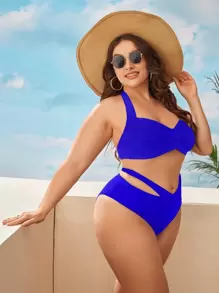 大尺寸純色鏤空比基尼套裝夏日海灘 - 寶藍色 - 查看 3