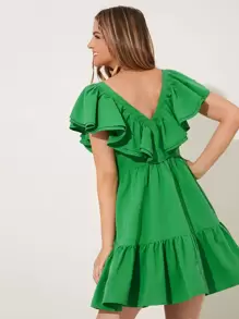 Travachic Vestido dos a capas ribete bajo con fruncido - Verde - Ver 2