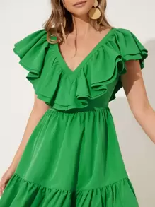 Travachic Vestido dos a capas ribete bajo con fruncido - Verde - Ver 5