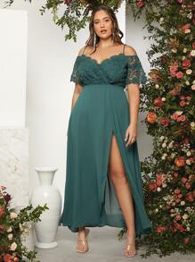 SHEIN Belle Plus Guipure Lace Insert Cold Shoulder Split Thigh Bridesmaid Dress - Dark Green - View 1