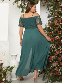 SHEIN Belle Plus Guipure Lace Insert Cold Shoulder Split Thigh Bridesmaid Dress - Dark Green - View 2